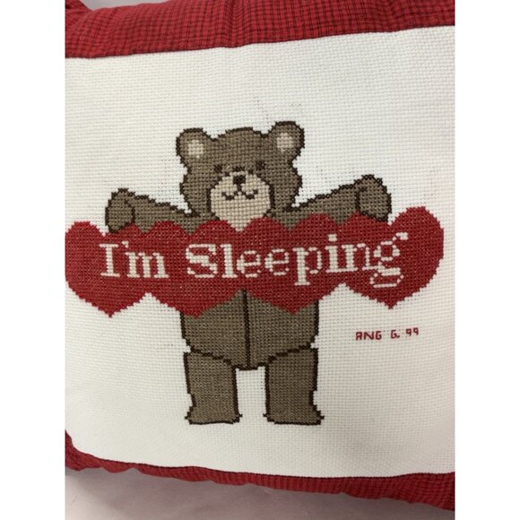 Vintage Cross Stitch Red Throw Pillow Teddy Bear “I’m Sleeping” Nursery 16” - Picture 2 of 8